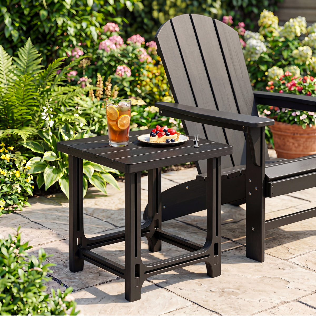 18 Inch Outdoor Adirondack Side Table with Slatted Surface-Black