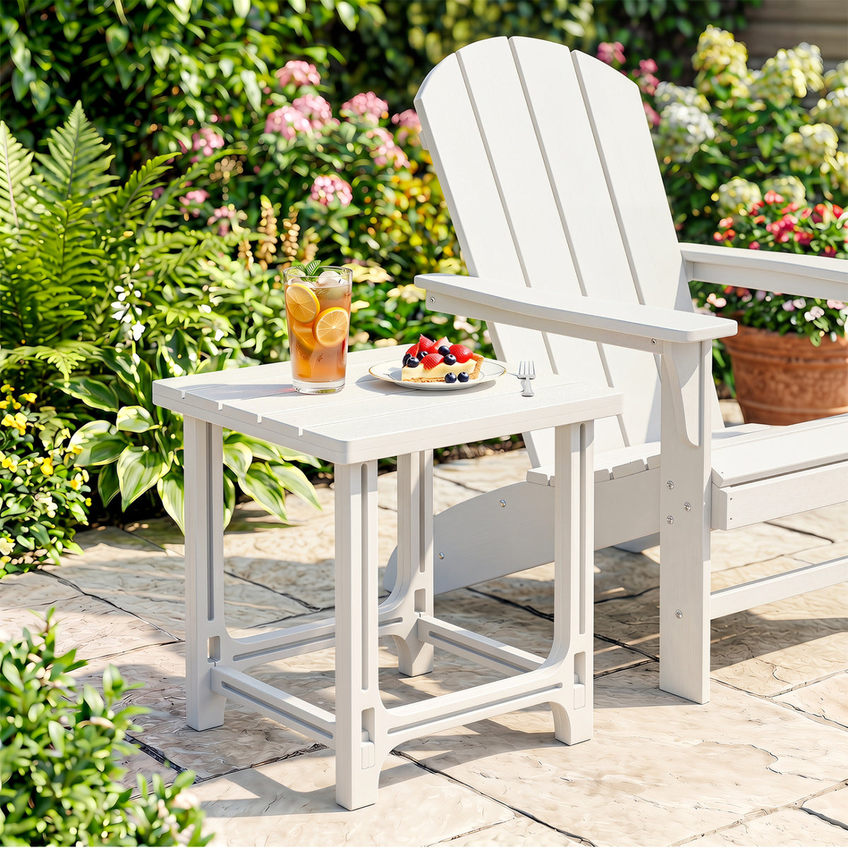 18 Inch Outdoor Adirondack Side Table with Slatted Surface-White