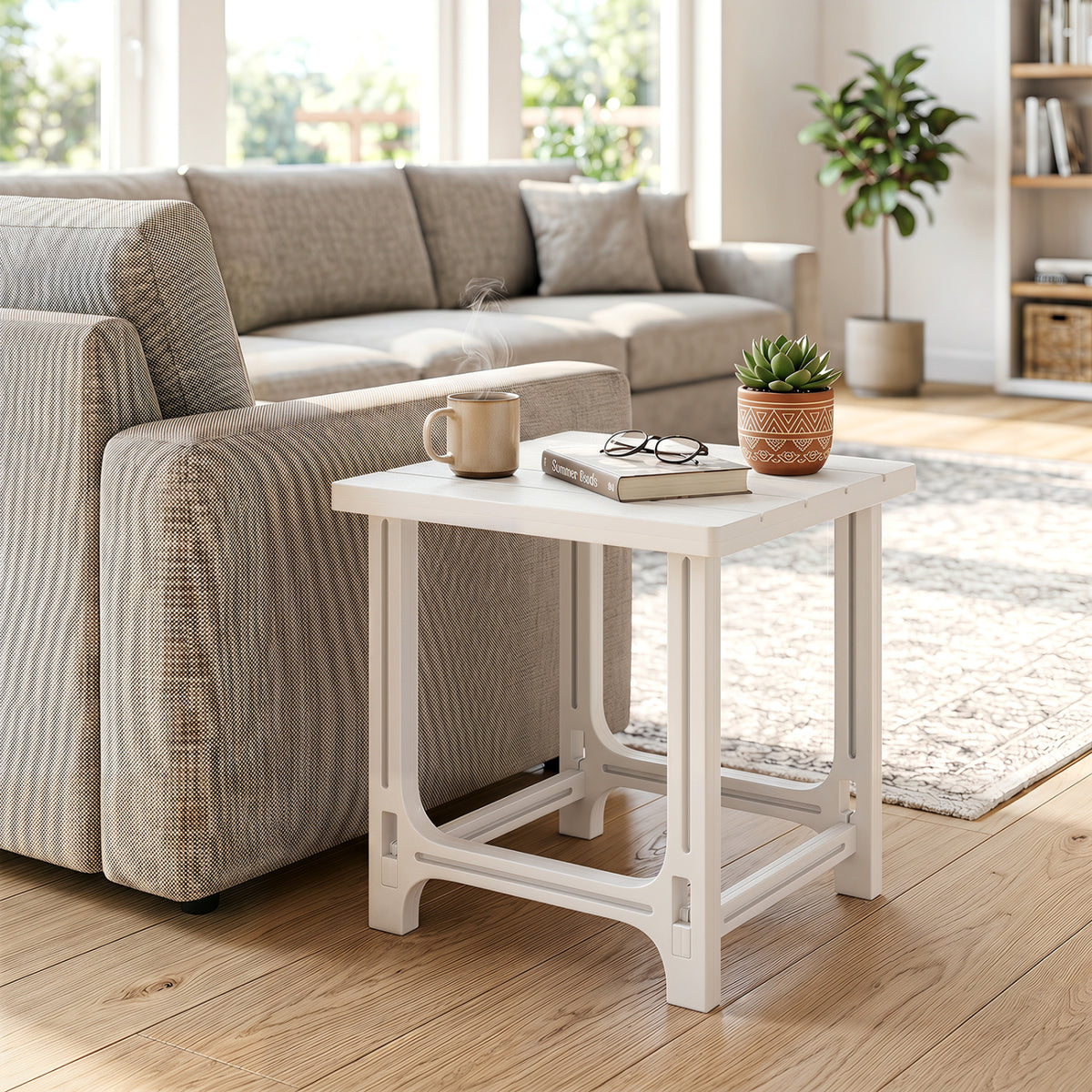 18 Inch Outdoor Adirondack Side Table with Slatted Surface-White