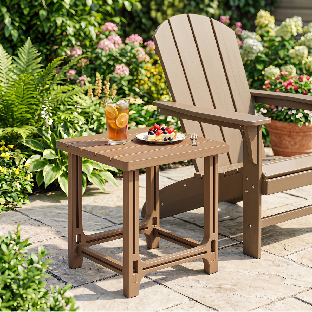 18 Inch Outdoor Adirondack Side Table with Slatted Surface-Brown
