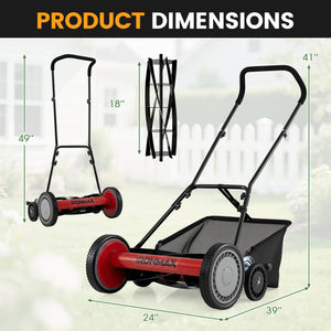 18 Inch Push Reel Lawn Mower 4-Position Adjustable with Removable Grass Catcher-Red