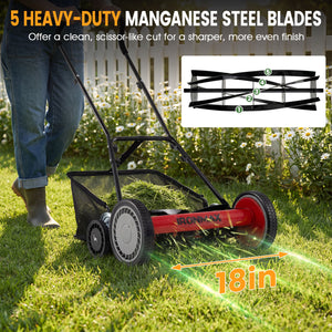 18 Inch Push Reel Lawn Mower 4-Position Adjustable with Removable Grass Catcher-Red