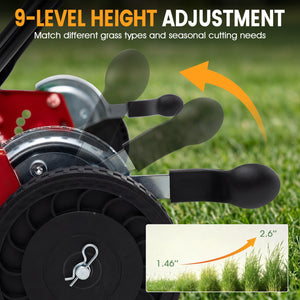 18 Inch Push Reel Lawn Mower 4-Position Adjustable with Removable Grass Catcher-Red