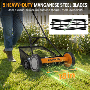 18 Inch Push Reel Lawn Mower 4-Position Adjustable with Removable Grass Catcher-Orange
