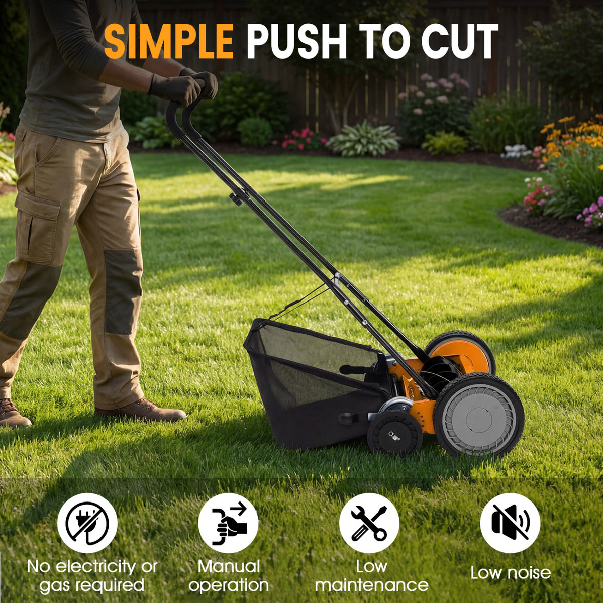 18 Inch Push Reel Lawn Mower 4-Position Adjustable with Removable Grass Catcher-Orange