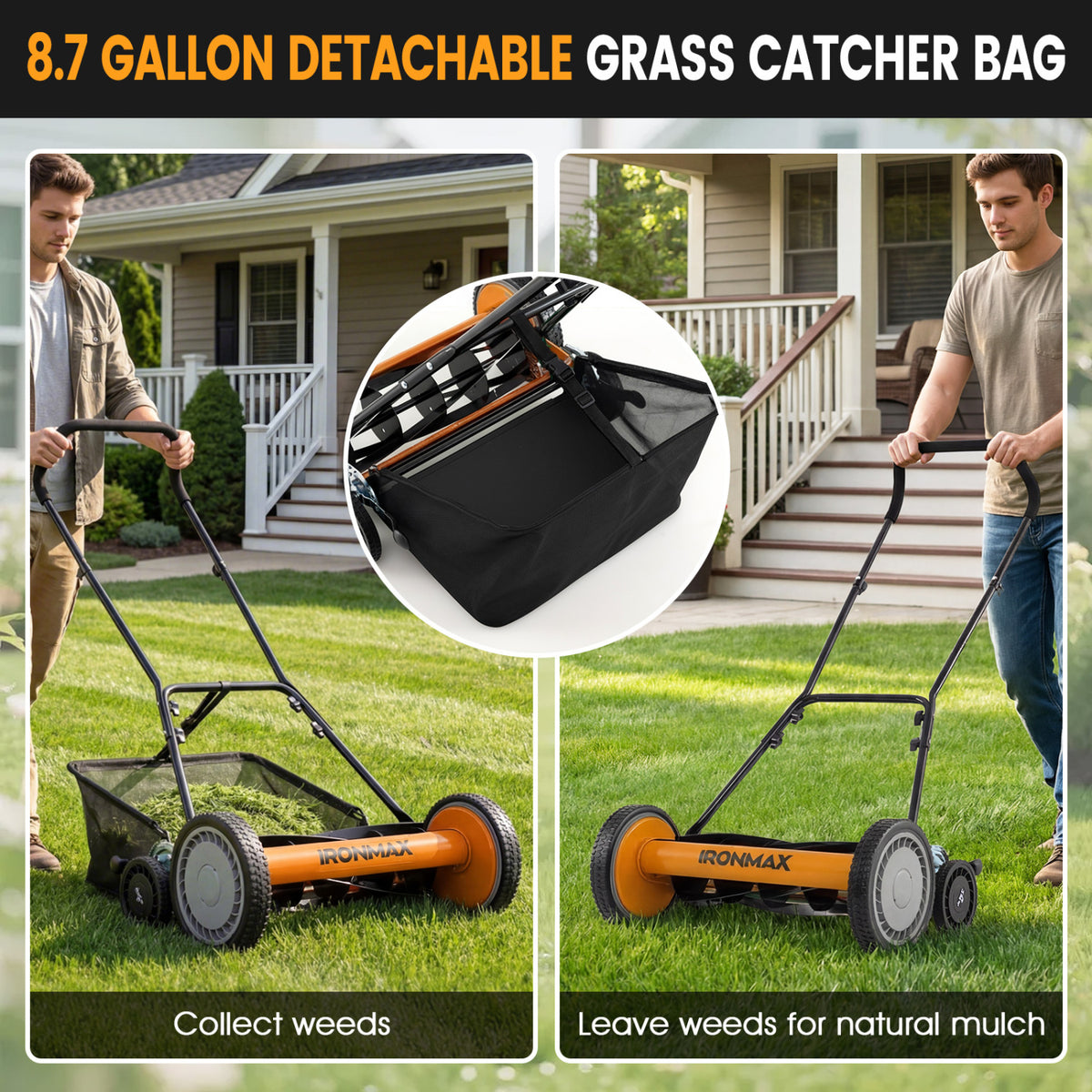 18 Inch Push Reel Lawn Mower 4-Position Adjustable with Removable Grass Catcher-Orange