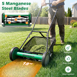 18 Inch Push Reel Lawn Mower 4-Position Adjustable with Removable Grass Catcher-Green