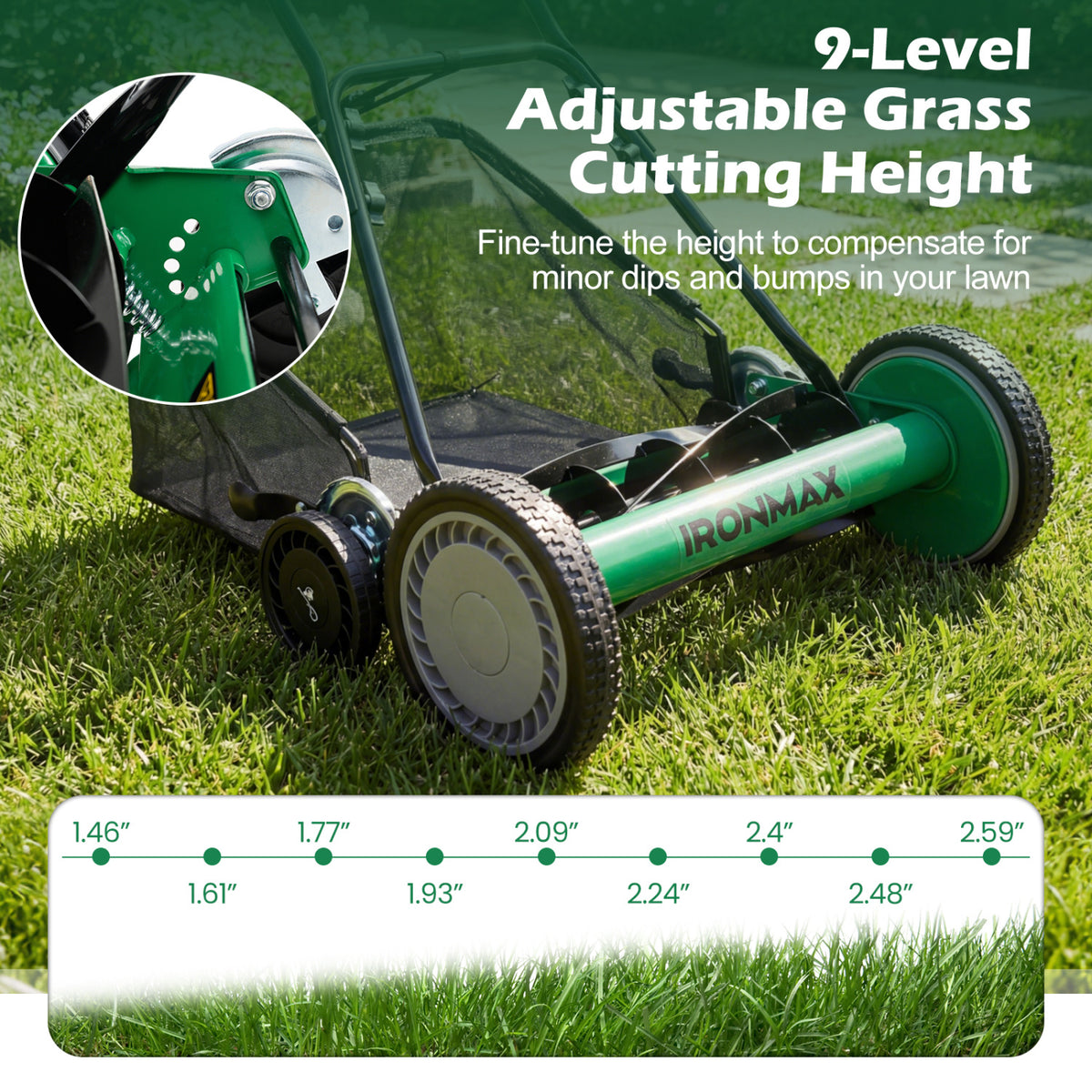 18 Inch Push Reel Lawn Mower 4-Position Adjustable with Removable Grass Catcher-Green