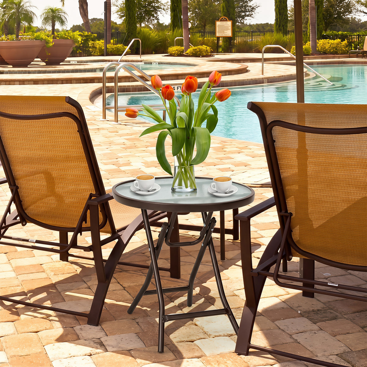 18 Inch Round Patio Side Table with Tempered Glass Top-Brown