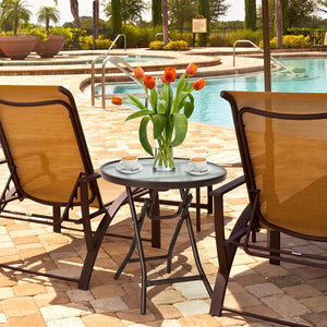 18 Inch Round Patio Side Table with Tempered Glass Top-Brown