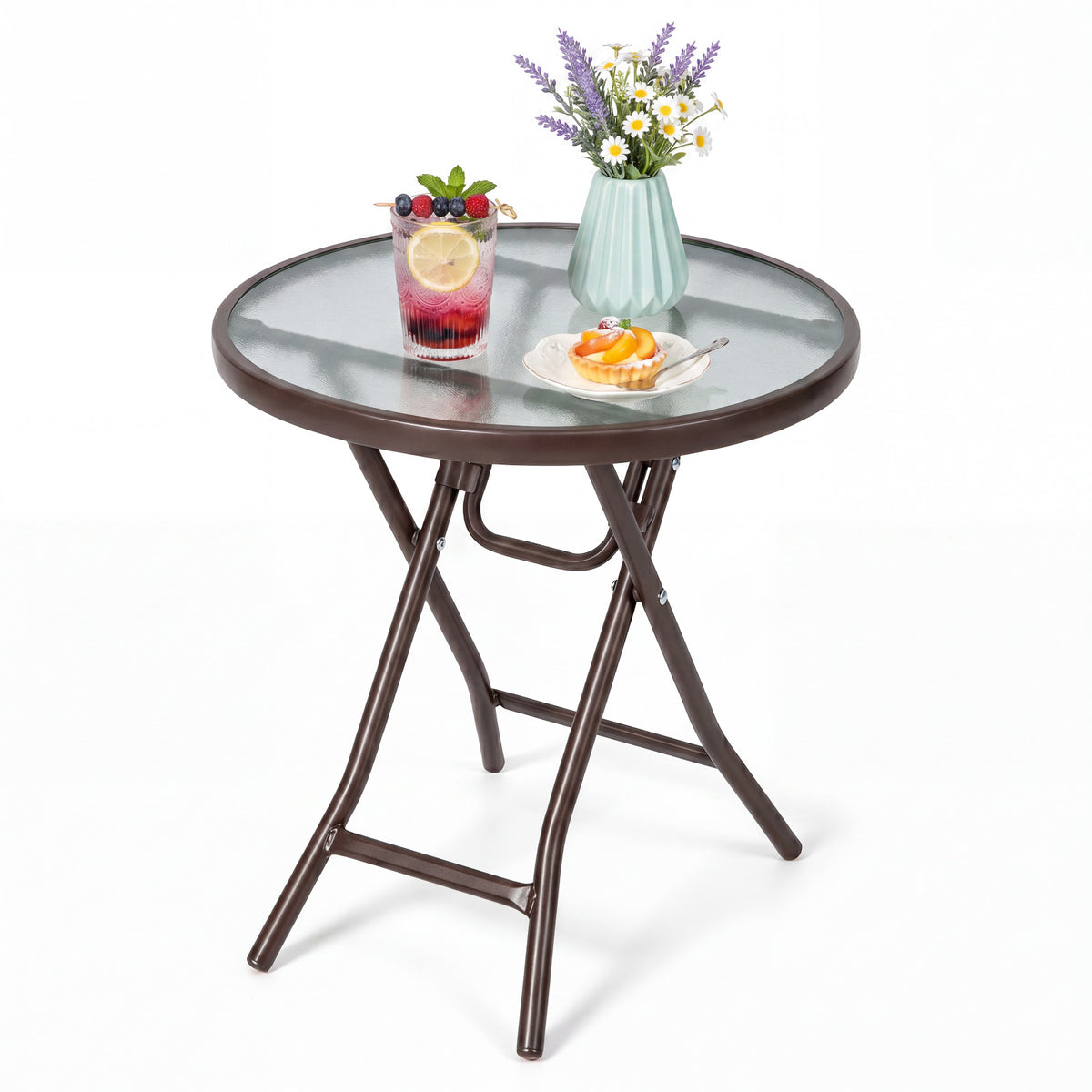 18 Inch Round Patio Side Table with Tempered Glass Top-Brown