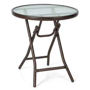 18 Inch Round Patio Side Table with Tempered Glass Top-Brown