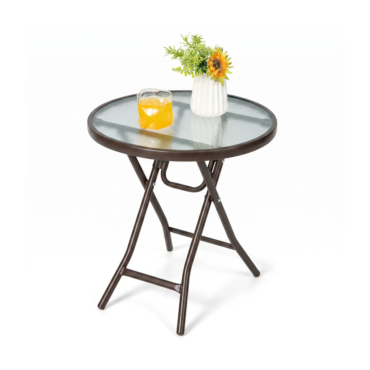 18 Inch Round Patio Side Table with Tempered Glass Top-Brown