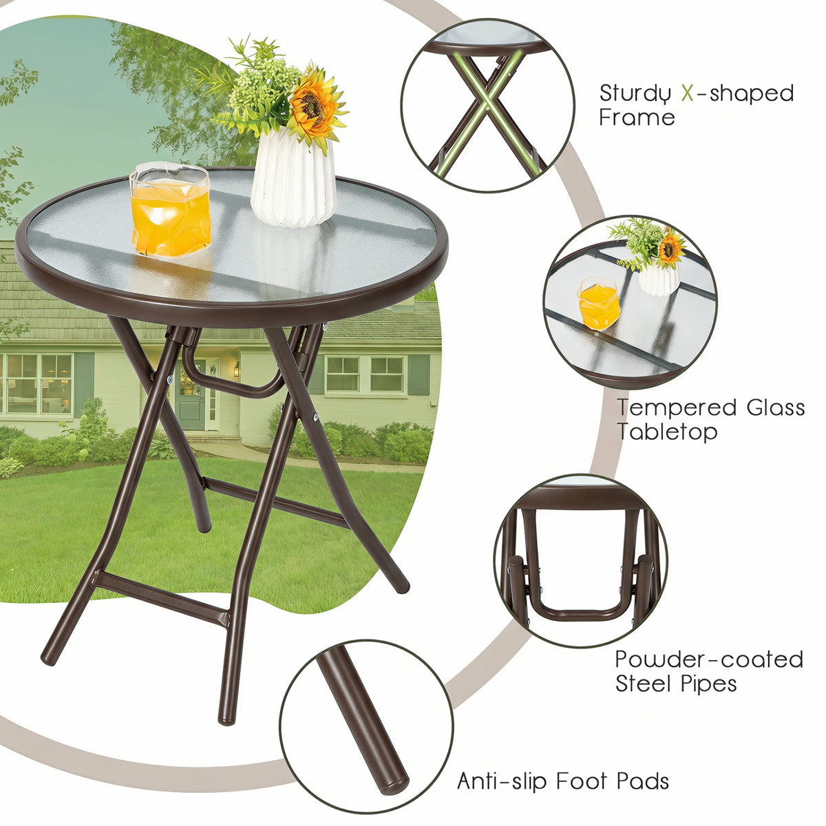 18 Inch Round Patio Side Table with Tempered Glass Top-Brown