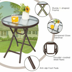 18 Inch Round Patio Side Table with Tempered Glass Top-Brown