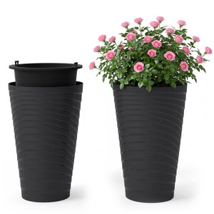 18 Inch Tall Flower Pot Set of 2 with Insert Bucket and Handle Design-Black