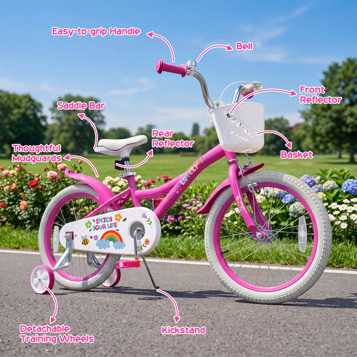 18 Inches Girls Bike for 4-8 Years Old with Basket - Spring Party  Pink