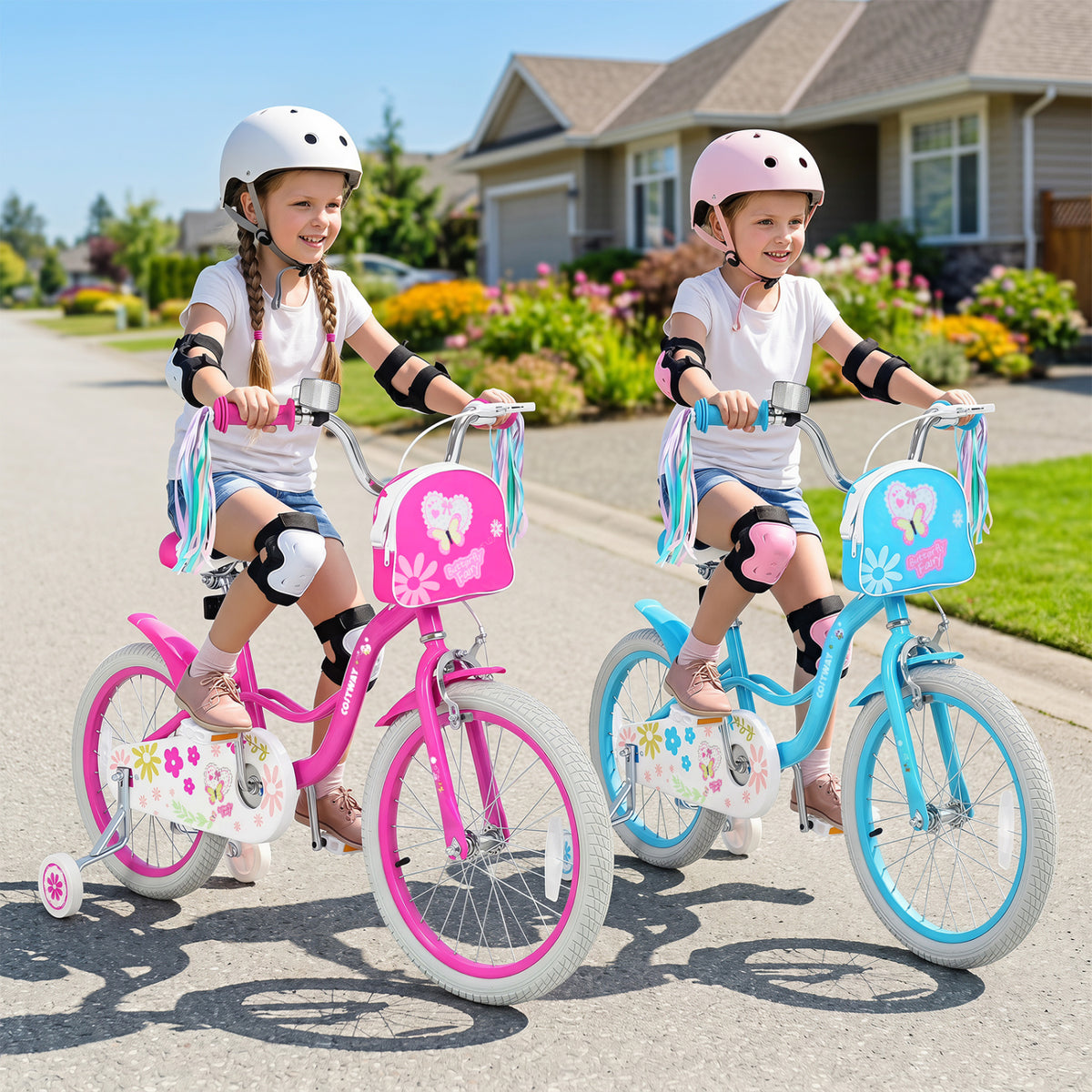 18 Inches Girls Bike with Front Bag and Streamers for 4-8 Years Blue