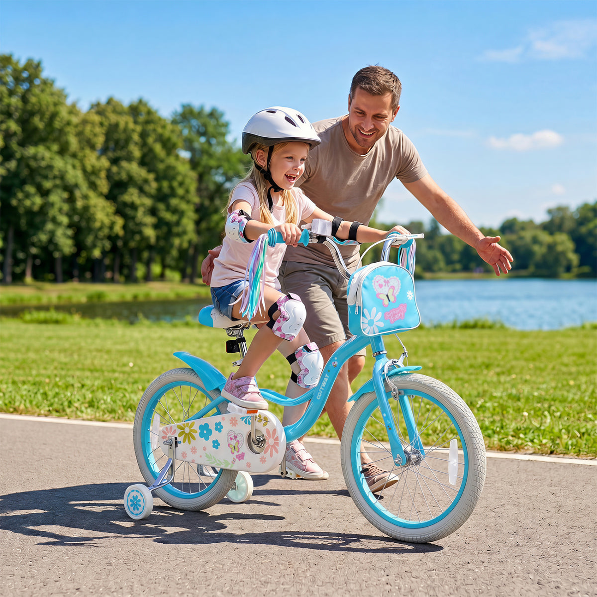 18 Inches Girls Bike with Front Bag and Streamers for 4-8 Years Blue