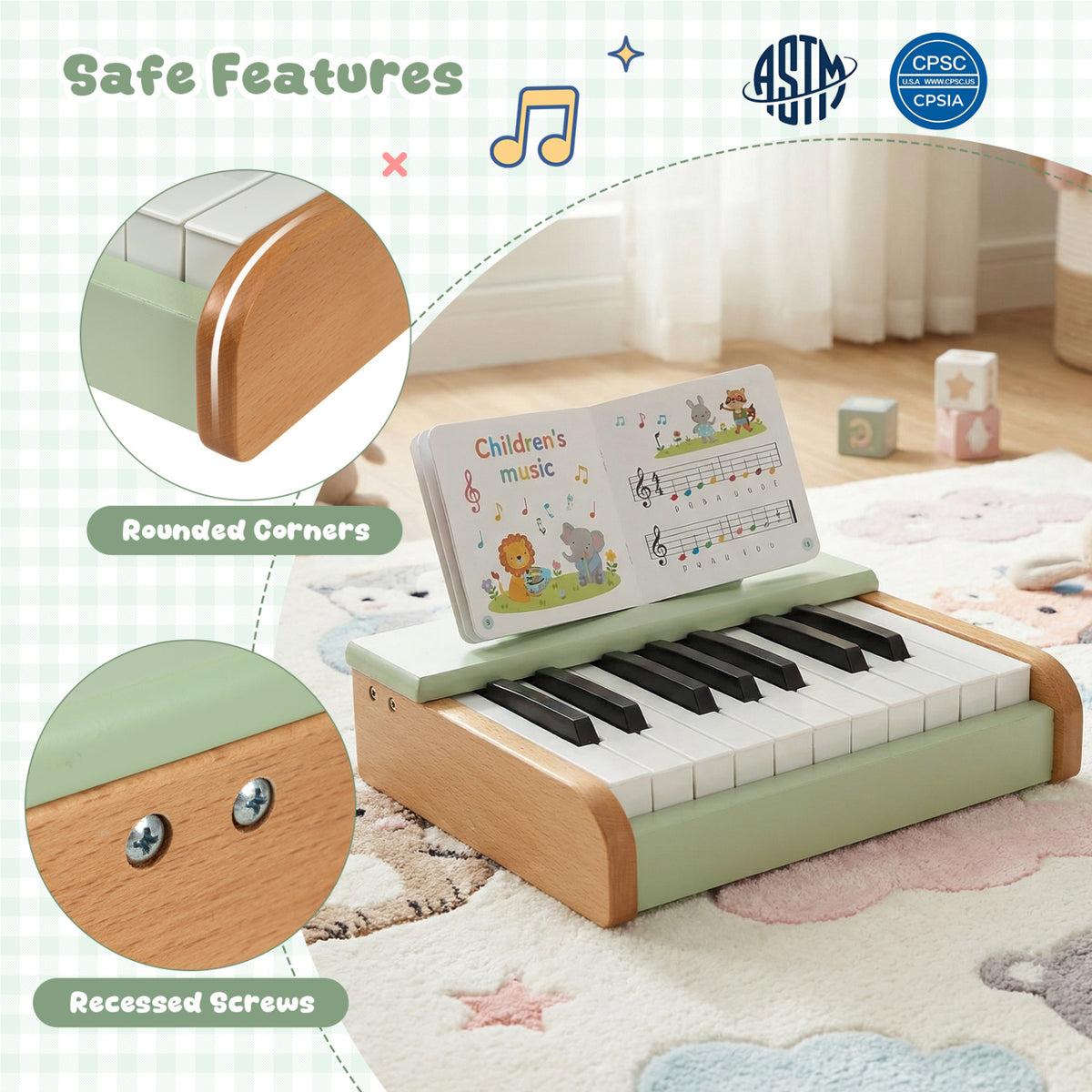 18 Keys Wooden Piano for Kids with Removable Music Stand-Green