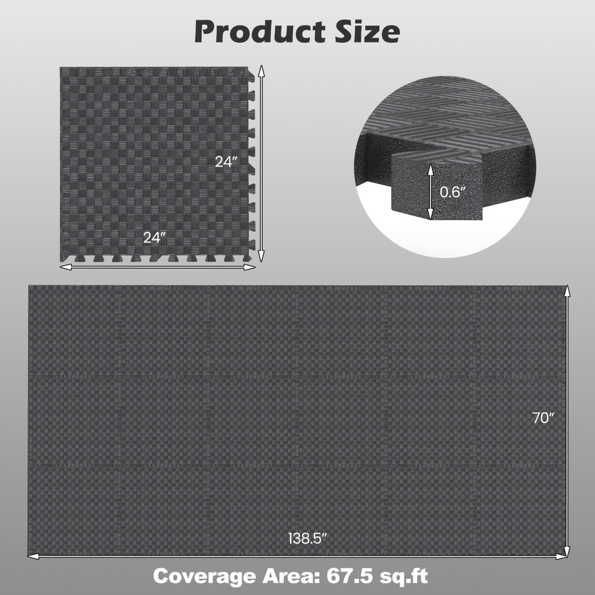 18 PCS Puzzle Exercise Mat EVA Foam Interlocking Floor Tiles-Black