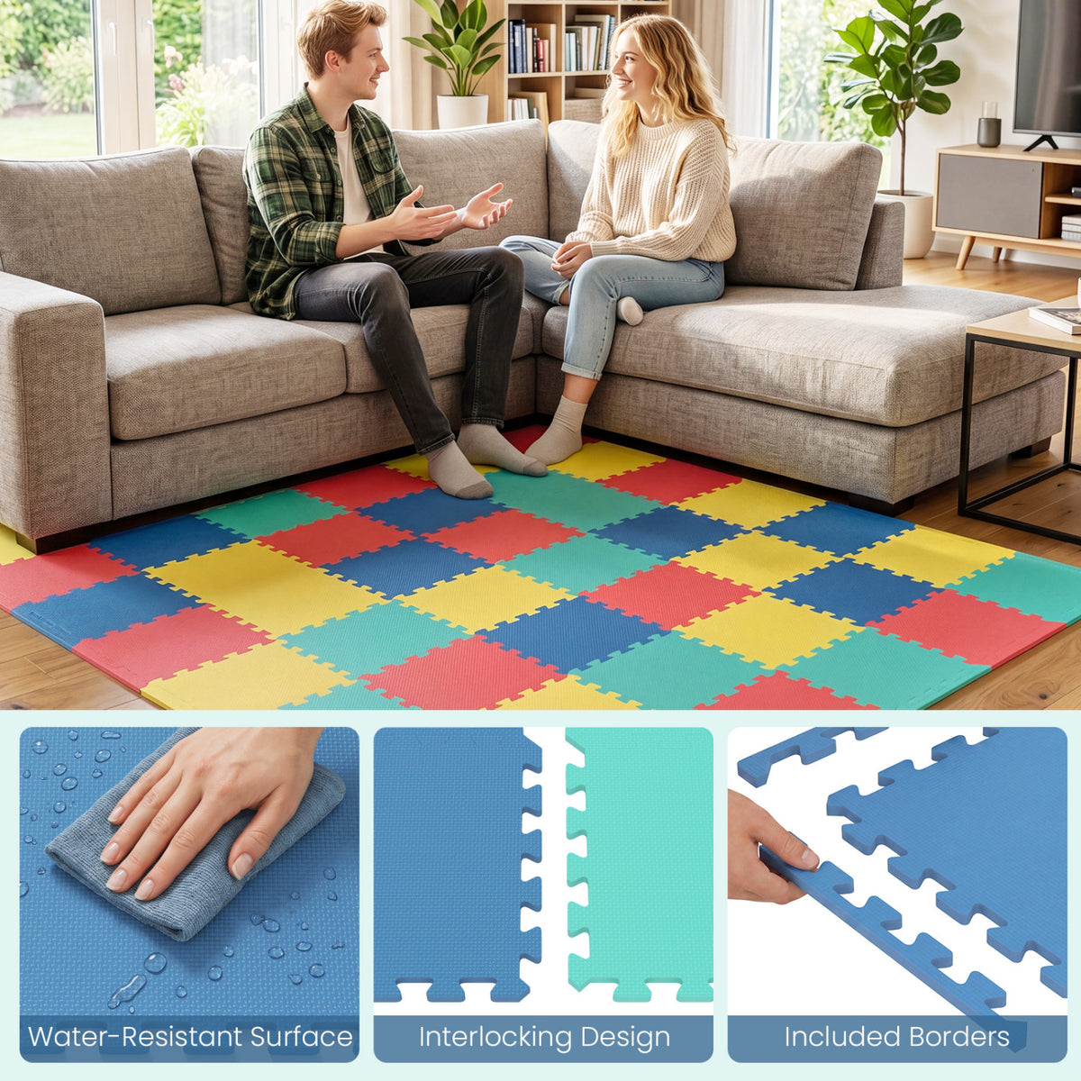 18 Pack Interlocking EVA Foam Floor Tiles with Boarders-Multicolor
