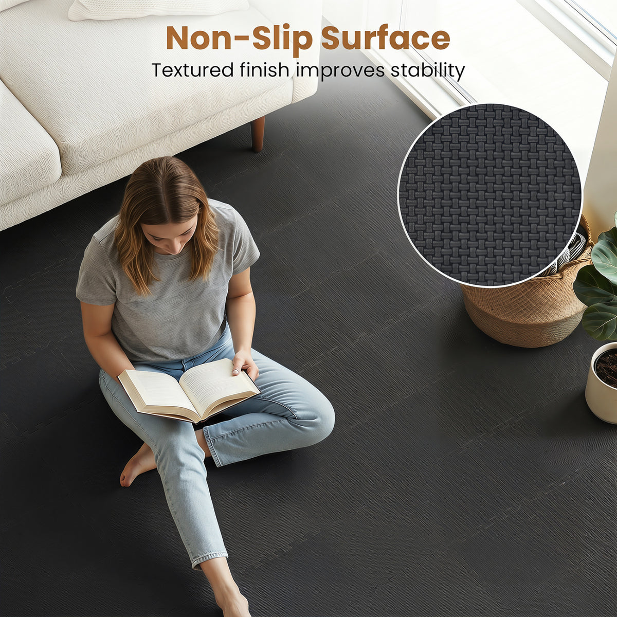 18 Pack Interlocking EVA Foam Floor Tiles with Boarders-Black