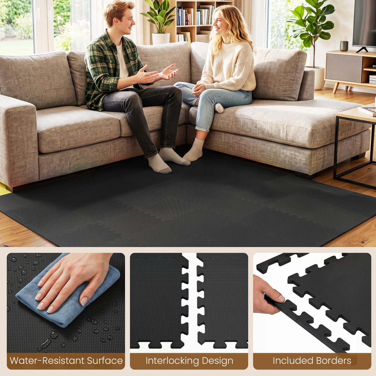 18 Pack Interlocking EVA Foam Floor Tiles with Boarders-Black