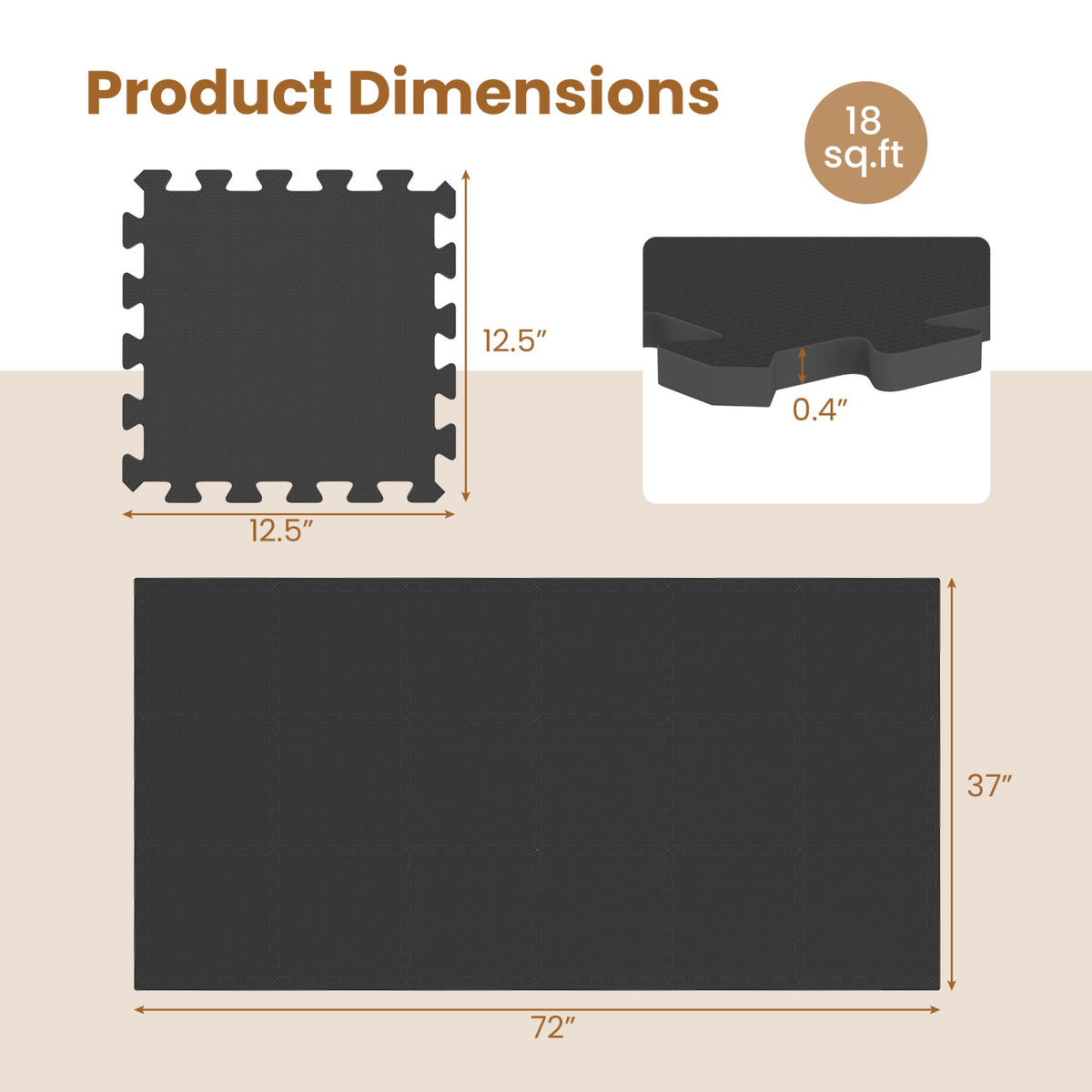 18 Pack Interlocking EVA Foam Floor Tiles with Boarders-Black