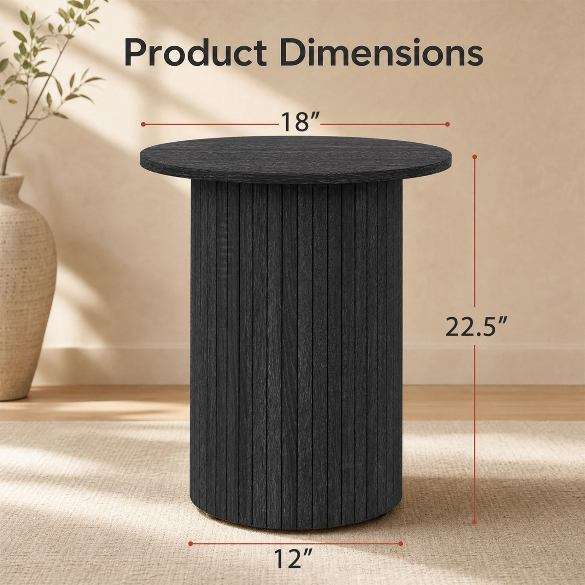18" Round Fluted Side Table with Pedestal Drum Design and Non-Slip Foot Pads for Small Spaces-Black