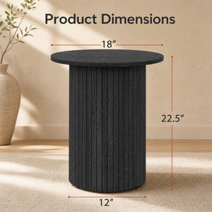 18" Round Fluted Side Table with Pedestal Drum Design and Non-Slip Foot Pads for Small Spaces-Black
