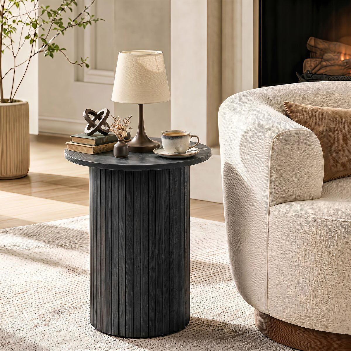 18" Round Fluted Side Table with Pedestal Drum Design and Non-Slip Foot Pads for Small Spaces-Black