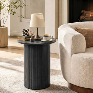 18" Round Fluted Side Table with Pedestal Drum Design and Non-Slip Foot Pads for Small Spaces-Black