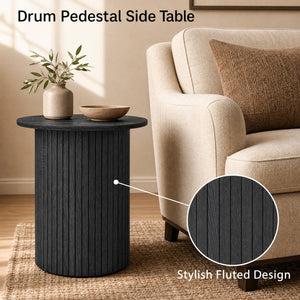 18" Round Fluted Side Table with Pedestal Drum Design and Non-Slip Foot Pads for Small Spaces-Black