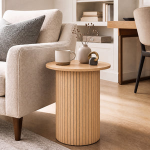 18" Round Fluted Side Table with Pedestal Drum Design and Non-Slip Foot Pads for Small Spaces-Natrual