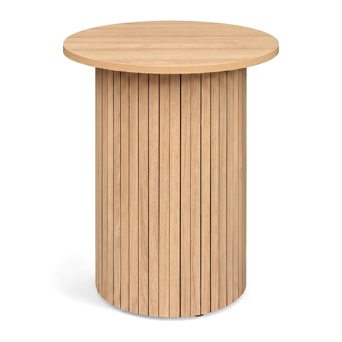 18" Round Fluted Side Table with Pedestal Drum Design and Non-Slip Foot Pads for Small Spaces-Natrual
