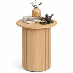18" Round Fluted Side Table with Pedestal Drum Design and Non-Slip Foot Pads for Small Spaces-Natrual