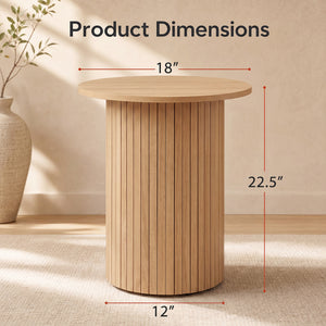 18" Round Fluted Side Table with Pedestal Drum Design and Non-Slip Foot Pads for Small Spaces-Natrual