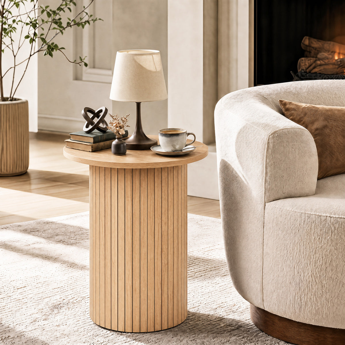 18" Round Fluted Side Table with Pedestal Drum Design and Non-Slip Foot Pads for Small Spaces-Natrual