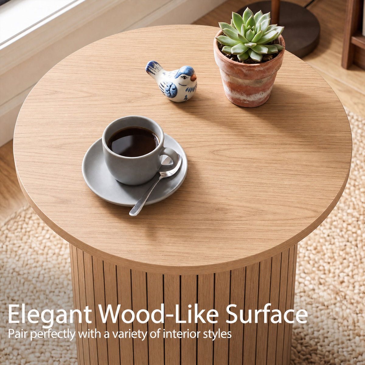 18" Round Fluted Side Table with Pedestal Drum Design and Non-Slip Foot Pads for Small Spaces-Natrual