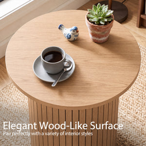 18" Round Fluted Side Table with Pedestal Drum Design and Non-Slip Foot Pads for Small Spaces-Natrual