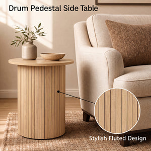18" Round Fluted Side Table with Pedestal Drum Design and Non-Slip Foot Pads for Small Spaces-Natrual