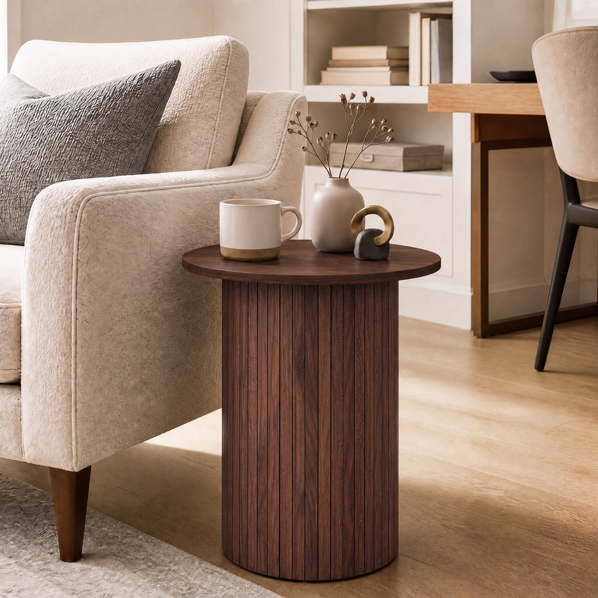 18" Round Fluted Side Table with Pedestal Drum Design and Non-Slip Foot Pads for Small Spaces-Walnut