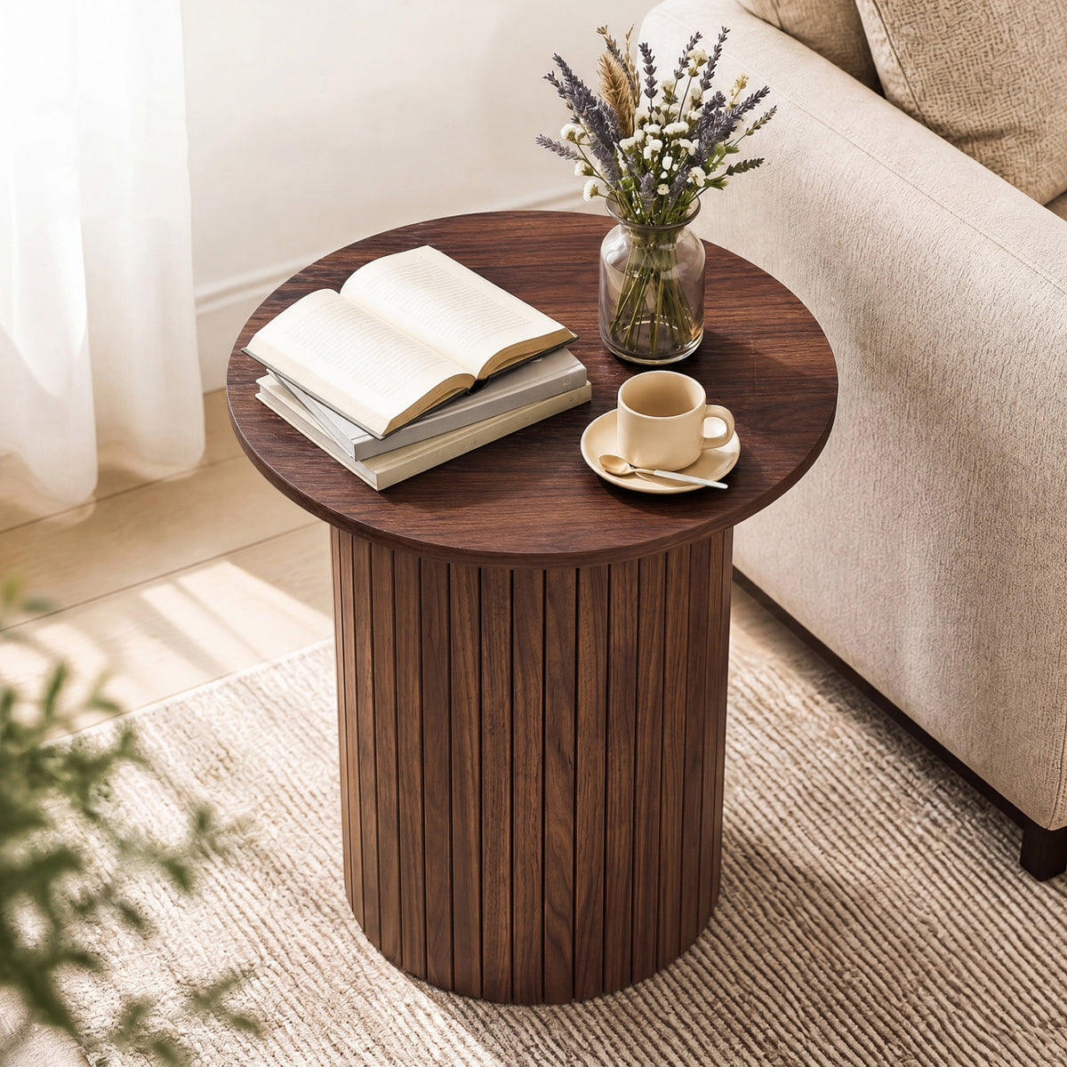 18" Round Fluted Side Table with Pedestal Drum Design and Non-Slip Foot Pads for Small Spaces-Walnut