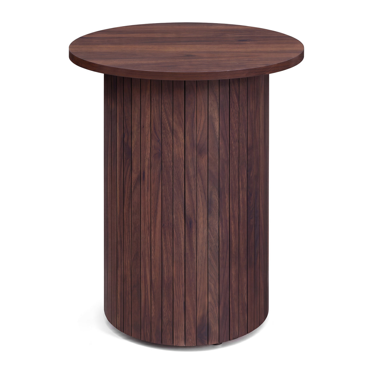 18" Round Fluted Side Table with Pedestal Drum Design and Non-Slip Foot Pads for Small Spaces-Walnut