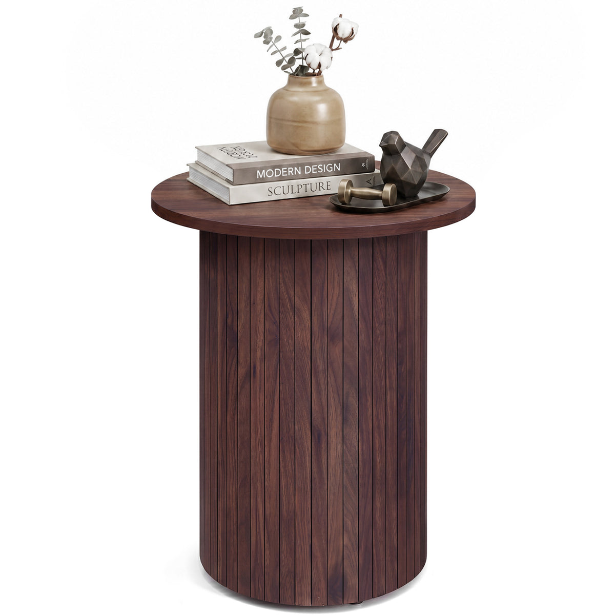 18" Round Fluted Side Table with Pedestal Drum Design and Non-Slip Foot Pads for Small Spaces-Walnut