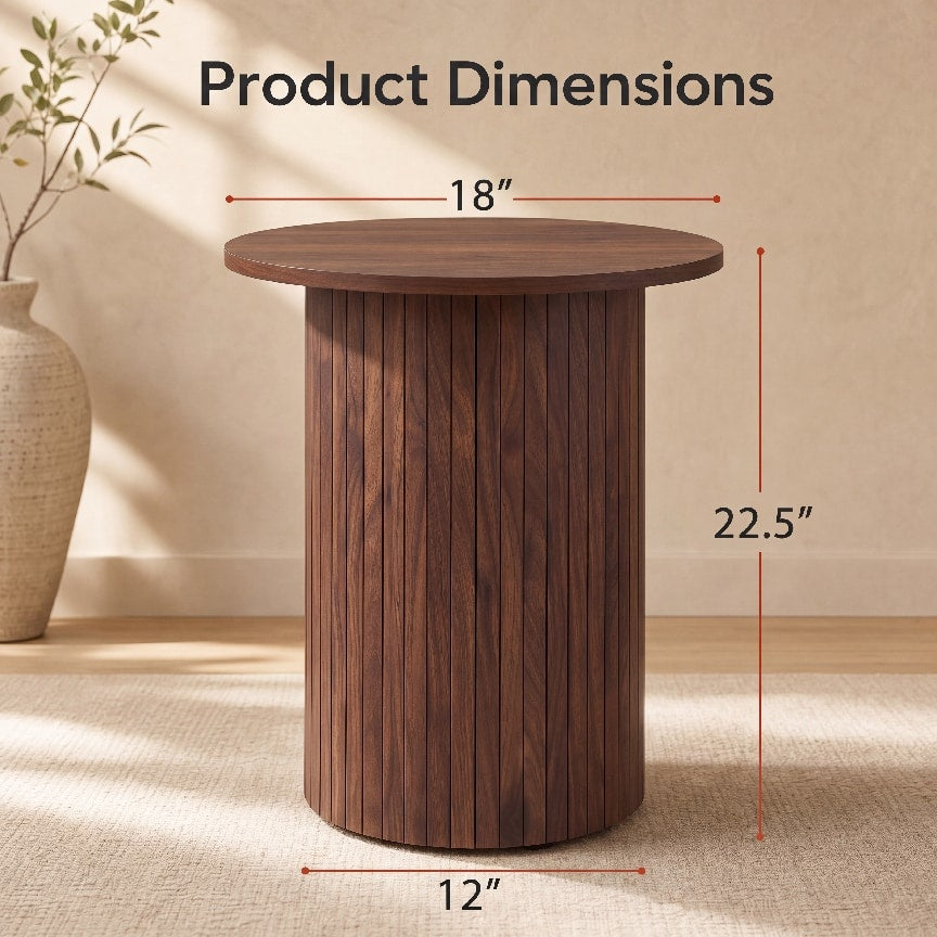 18" Round Fluted Side Table with Pedestal Drum Design and Non-Slip Foot Pads for Small Spaces-Walnut
