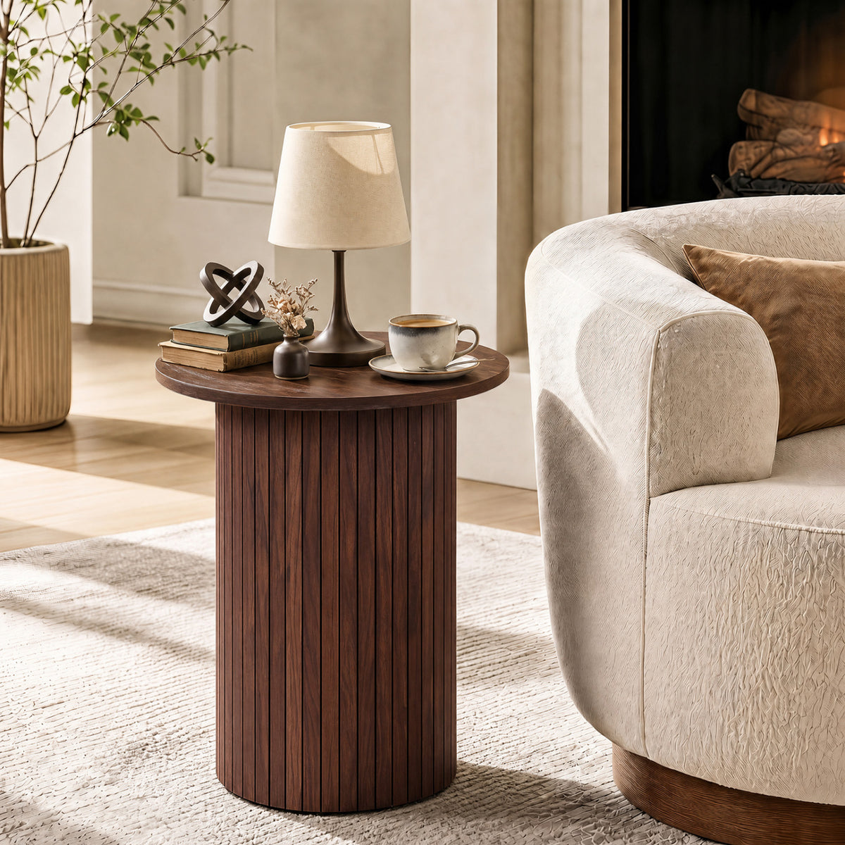 18" Round Fluted Side Table with Pedestal Drum Design and Non-Slip Foot Pads for Small Spaces-Walnut