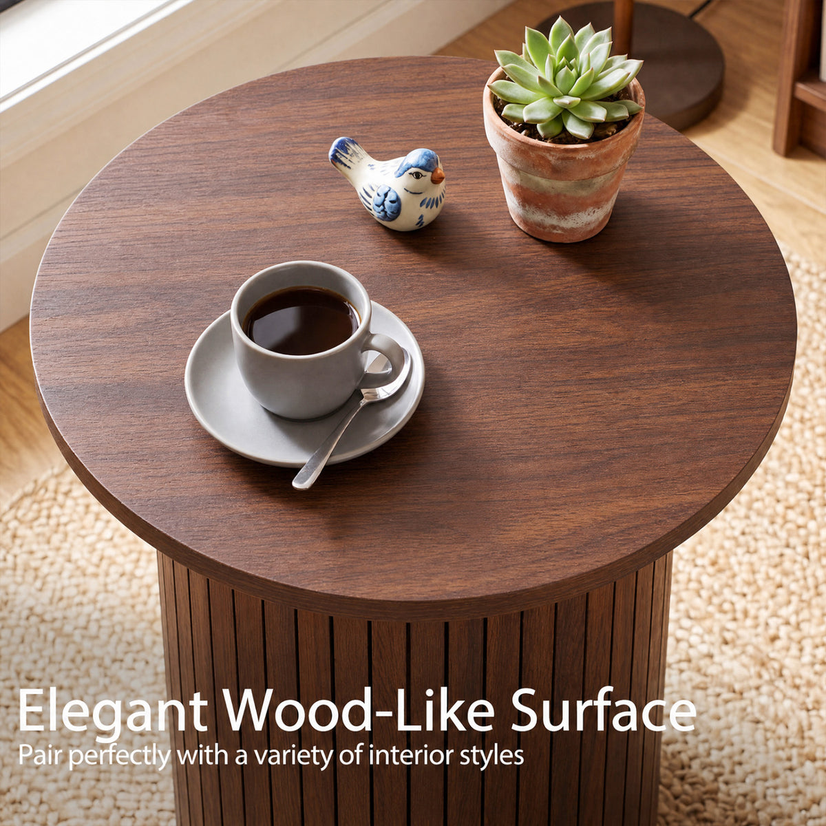 18" Round Fluted Side Table with Pedestal Drum Design and Non-Slip Foot Pads for Small Spaces-Walnut