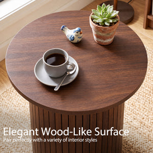 18" Round Fluted Side Table with Pedestal Drum Design and Non-Slip Foot Pads for Small Spaces-Walnut